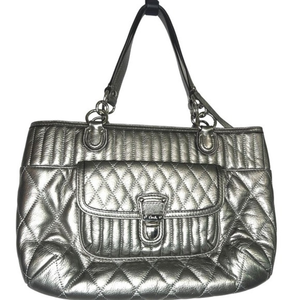 Coach C1293 19857 Quilted Leather Shopper Tote Purse Silver Anthracite Metallic